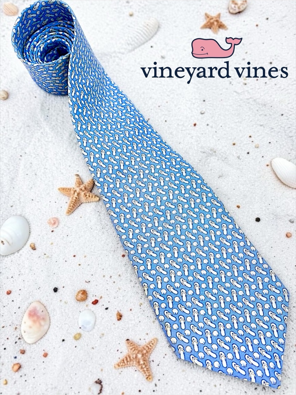 VINEYARD VINES Tie Blue Flip Flops & Shells Novelty Preppy Silk Tie